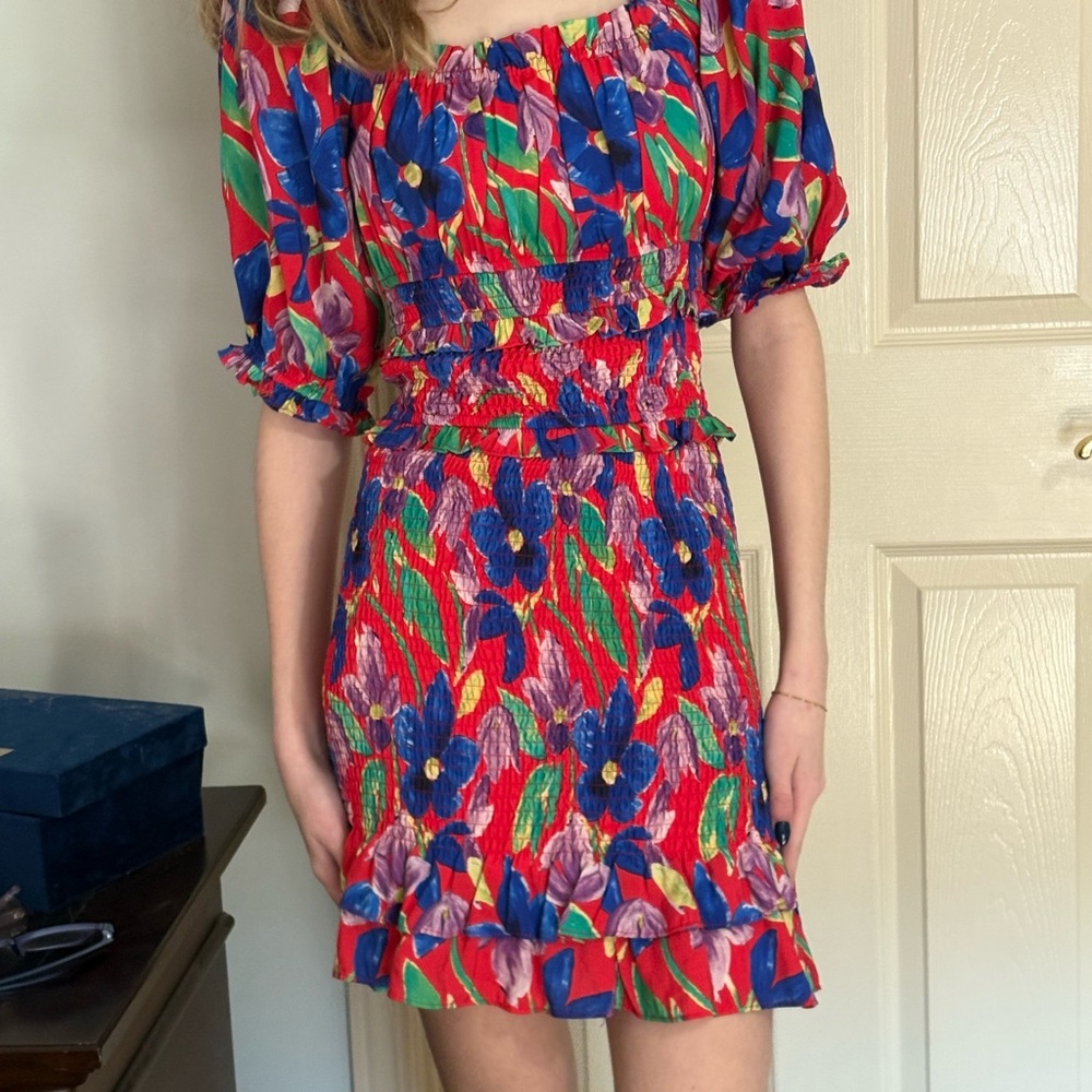 Bright Colored Floral Smocked and Tiered Dress